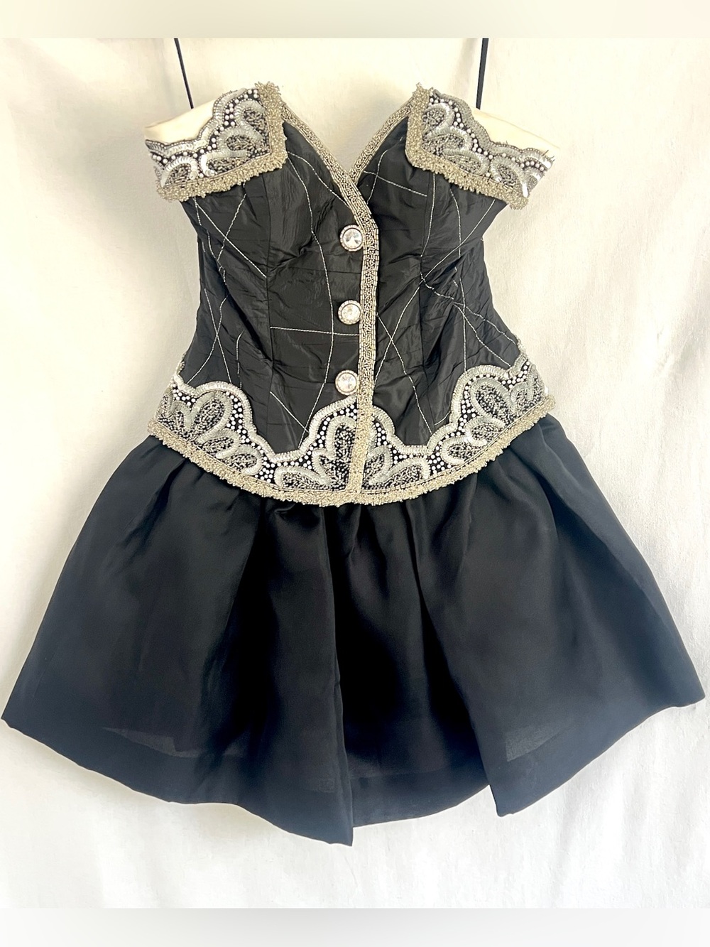 Vtg couture strapless beaded corset dress fit&flare mini silk crystals pearls 6